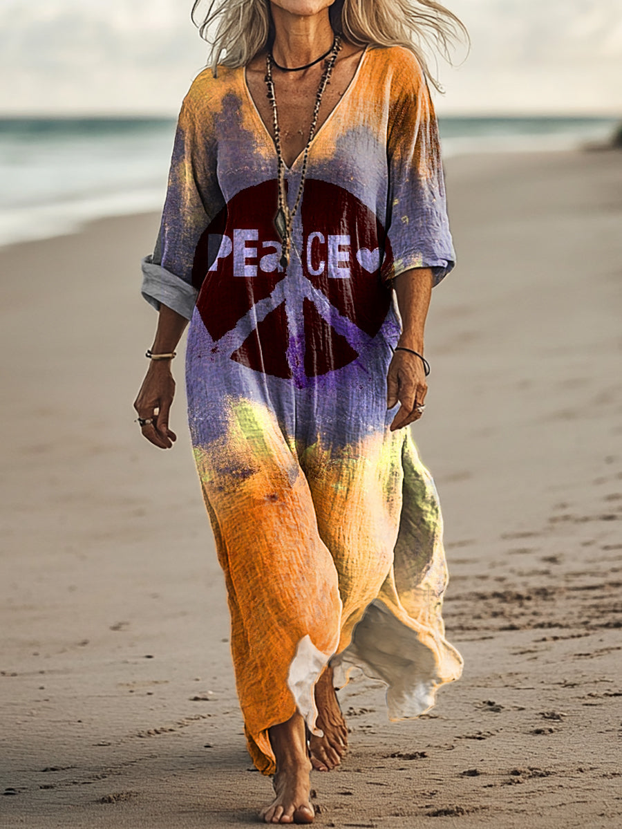 Women's Hippie Peace Art Print Pocket Cotton Dress