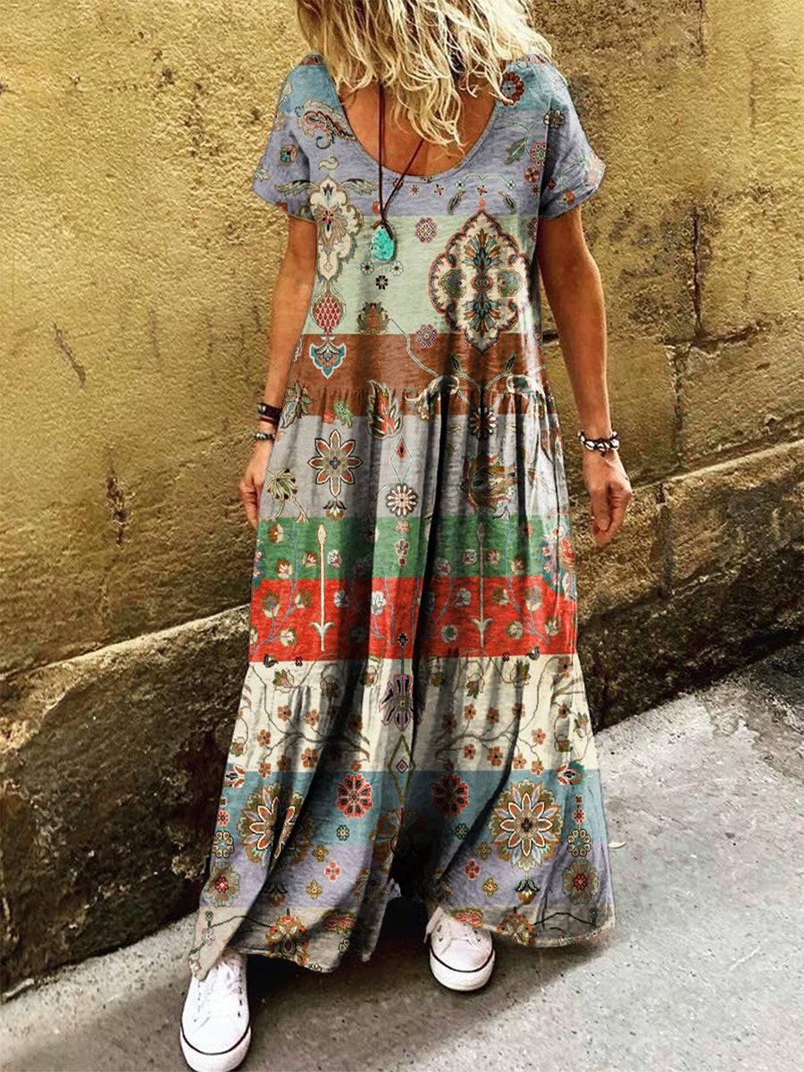 Women's Vintage Ethnic Patchwork Art Print Pocket Short Sleeve Cotton