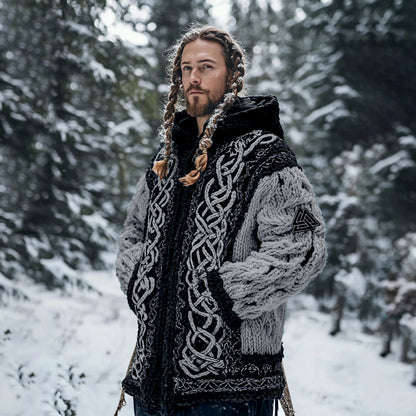 Men's Viking Tribal Jacquard Celtic Chunky Knit Zipper Hooded Cardigan elevenforest
