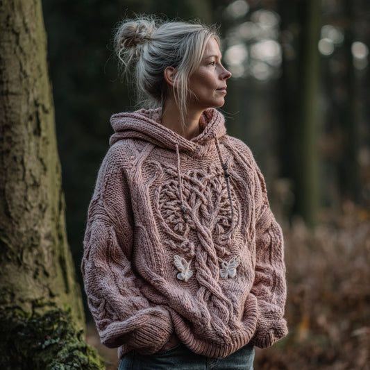 Women's Viking Tree Of Life And Butterfly Art Knit Hooded Sweater artswardrobe