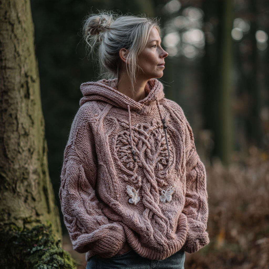 Women's Viking Tree Of Life And Butterfly Art Knit Hooded Sweater elevenforest