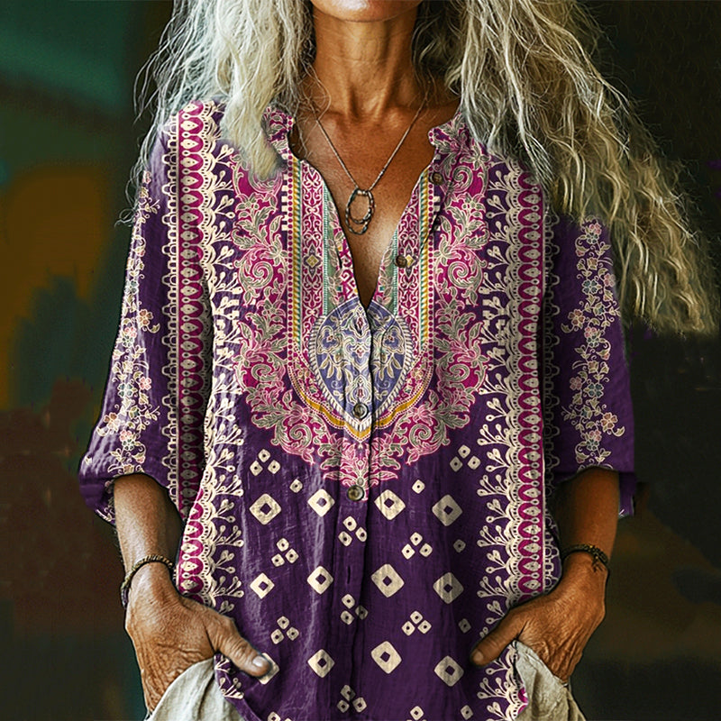 Comstylish Women's Ethnic Floral Print Casual Cotton And Linen Shirt