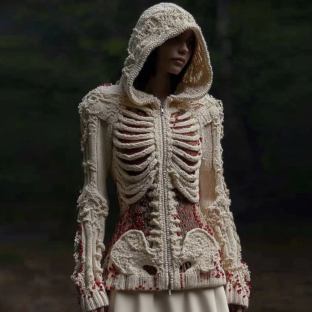 Women's Vintage Halloween Skull And Sequin Floral Art Knit Zip-up Hooded Sweater artswardrobe