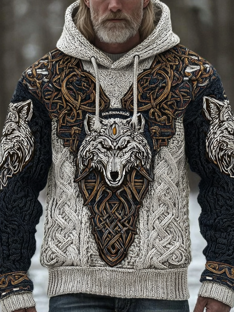 Men's Hooded Thick Sweater With Viking Style Tribal Totem And Wolf Totem Patterns elevenforest