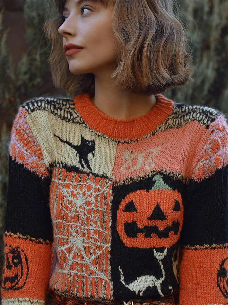 Vintage Pumpkin Halloween Elements Colorblock Cozy Knit Sweater artswardrobe