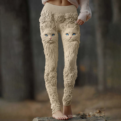 Comstylish Vintage Cute Cat Face With Roses Art Embroidered Cozy Knit Leggings