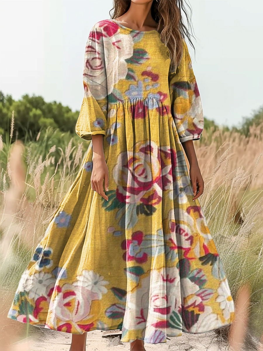 Women's Bohemian Floral Art Print Flowy Cotton Crew Neck Dress