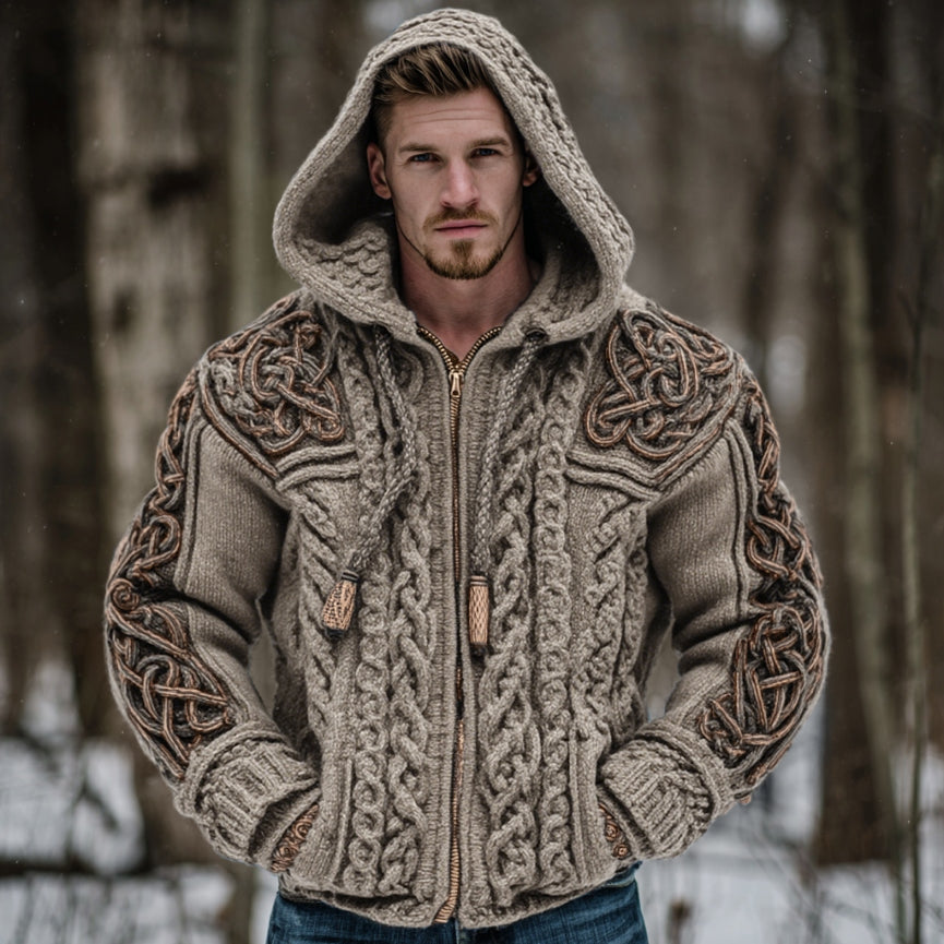 Men's Vintage Viking Celtic Knot Art Chunky Knit Hooded Zip-up Sweater artswardrobe