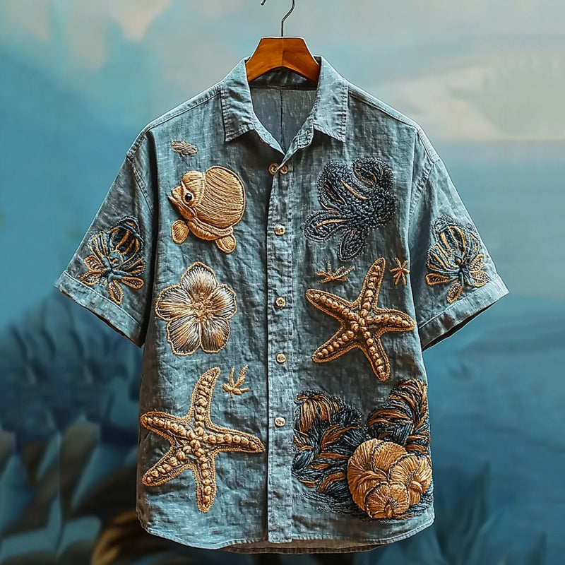 Men's Embroidered Marine Life Pattern Linen Shirt artswardrobe