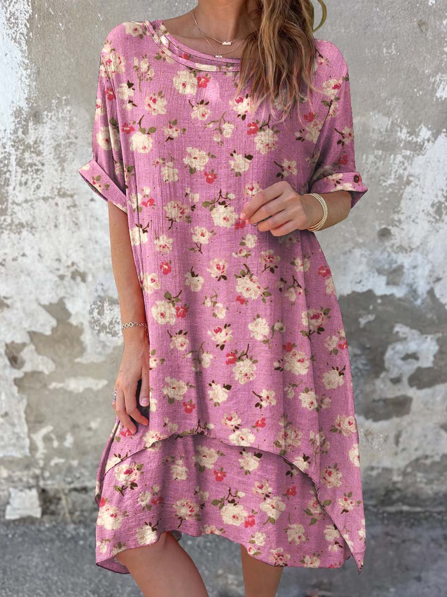 Women's Classic Floral Pattern Round Neck Cotton and Linen Dress