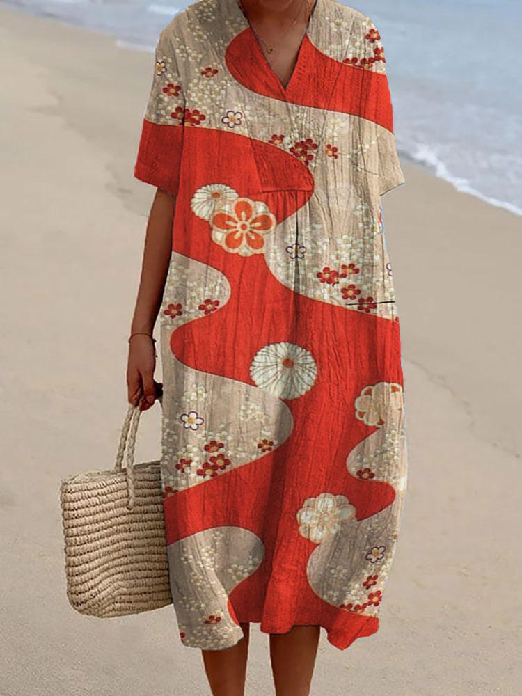 Cherry Blossom Japanese Contrast Color Linen Blend Dress