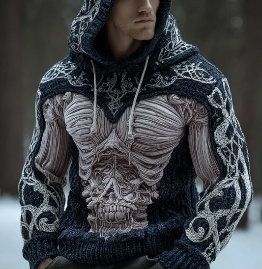 Halloween Line Art Men's Knit Warm Hooded Sweater artswardrobe