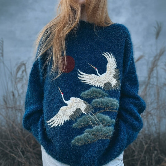 Comstylish Japanese Cranes & Pine Embroidered Cozy Knit Sweater