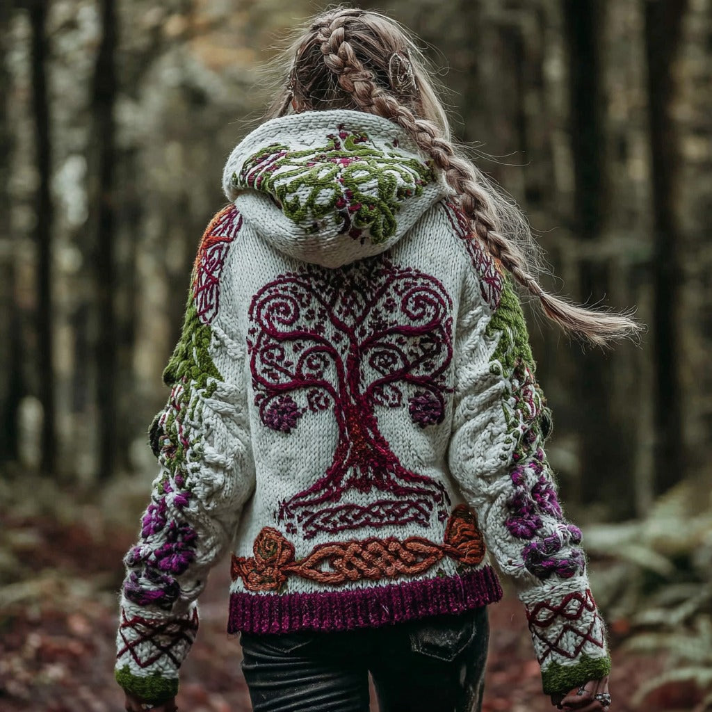 Comstylish Women's Vintage Viking Celtic Knot Tree Of Life Art Knit Zip-up Hooded Sweater