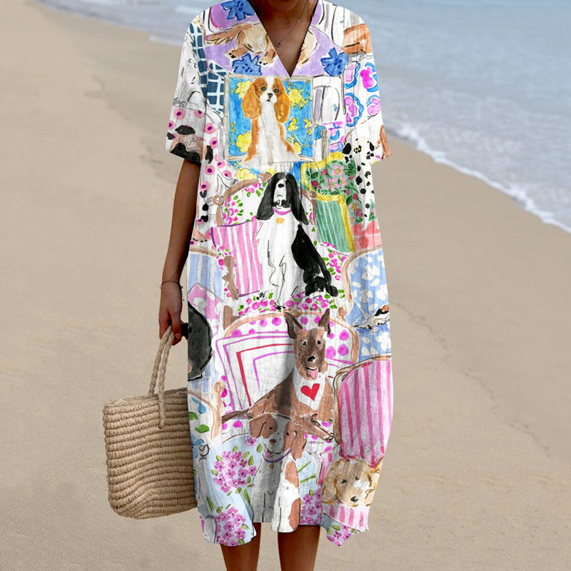 Comstylish Dog Art Print V-Neck Short Sleeved Midi Dress