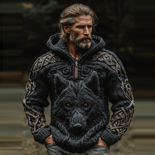 Men's Vintage Viking Wolf Jacquard Knitted Cozy Half-zip Hooded Sweater artswardrobe