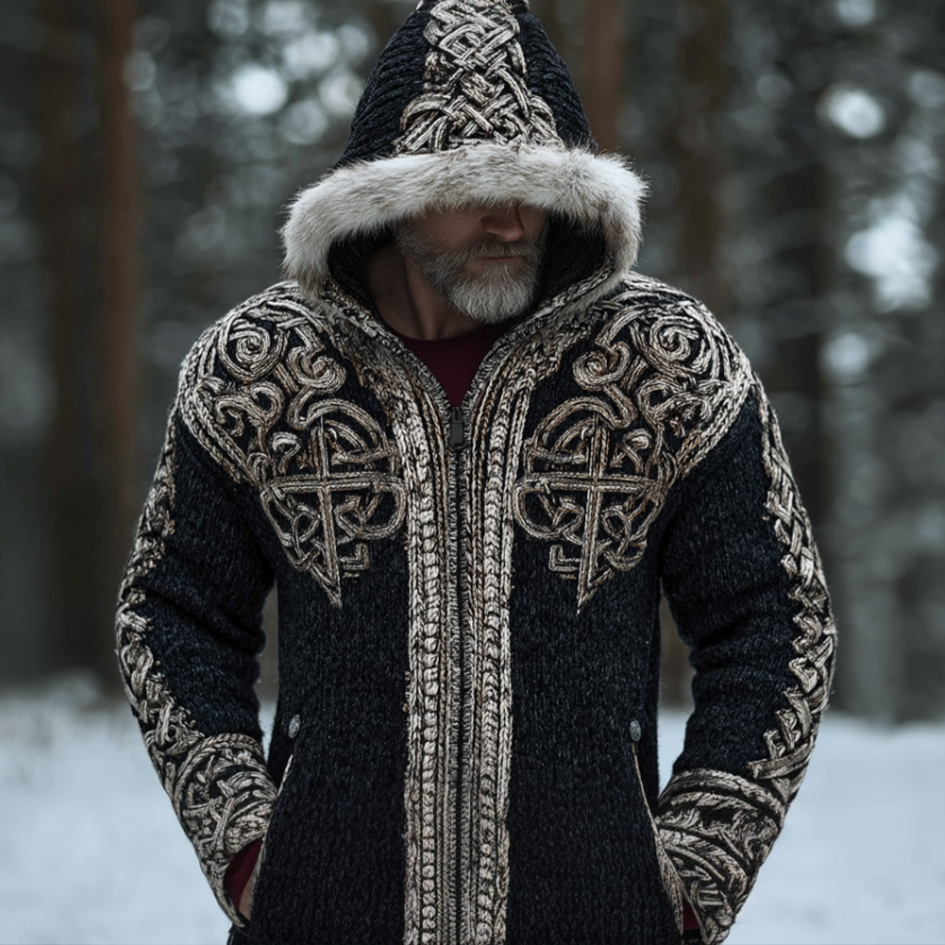 Viking Retro Men's Hooded Knit Sweater Jacket artswardrobe