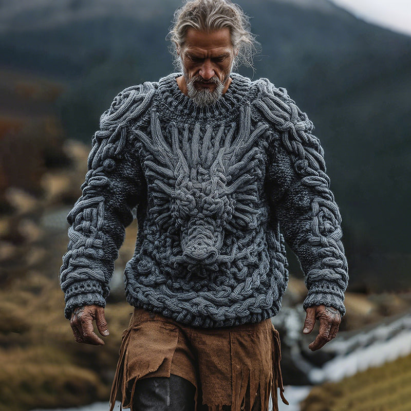 Men's Viking Celtic Knot Dragon Chunky Knit Warm Sweater artswardrobe
