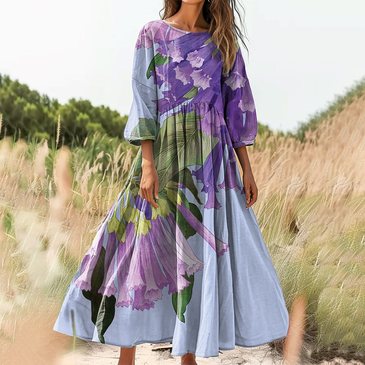 Women's Floral Embellished Pattern Art Print Cotton Crew Neck Dress