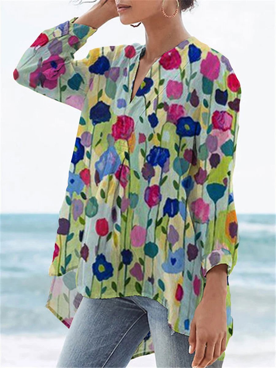 Women's  Flower Print Casual Linen V-neck Shirt