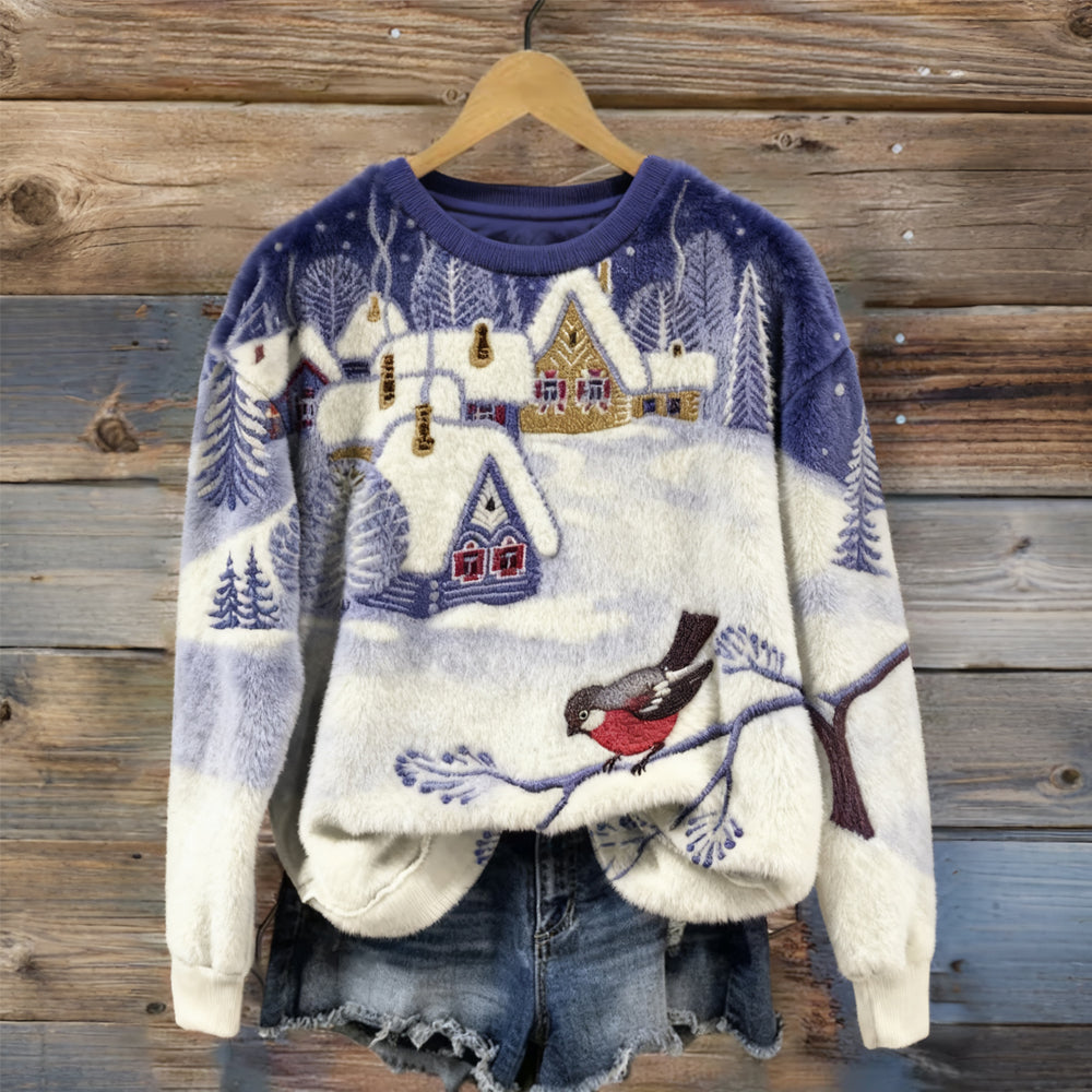 Comstylish Retro Christmas Snow Scene Art Cozy Plush Sweatshirt