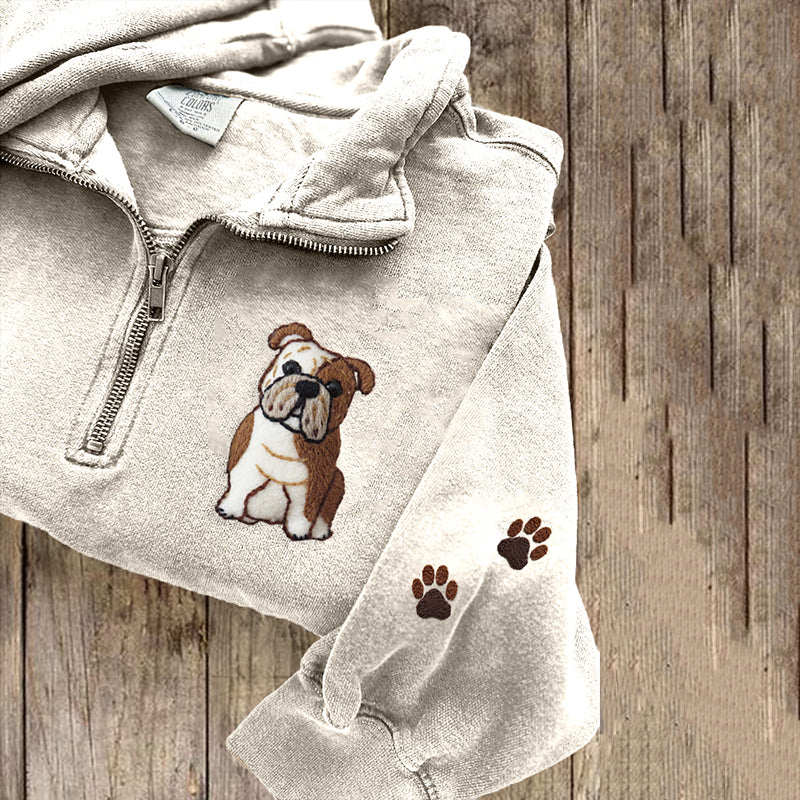 Comstylish Cute English Bulldog Applique Embroidery Art Zipper Sweatshirt
