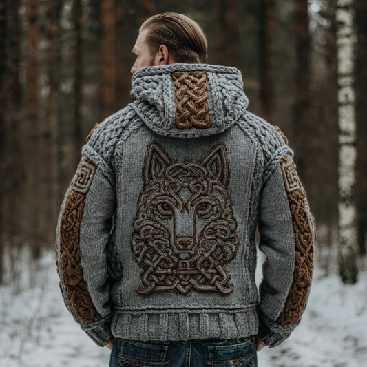 Men's Vintage Viking Wolf Celtic Knot Art Chunky Knit Hooded Zip-up Sweater artswardrobe