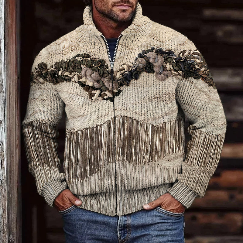 Men'S Vintage Knit Jacquard Tassel Zipper Sweater elevenforest