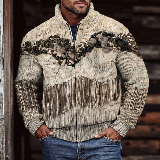 Men'S Vintage Knit Jacquard Tassel Zipper Sweater elevenforest