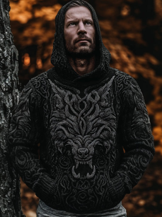 Men's Vintage Viking Wolf Embroidered Hooded Sweater artswardrobe