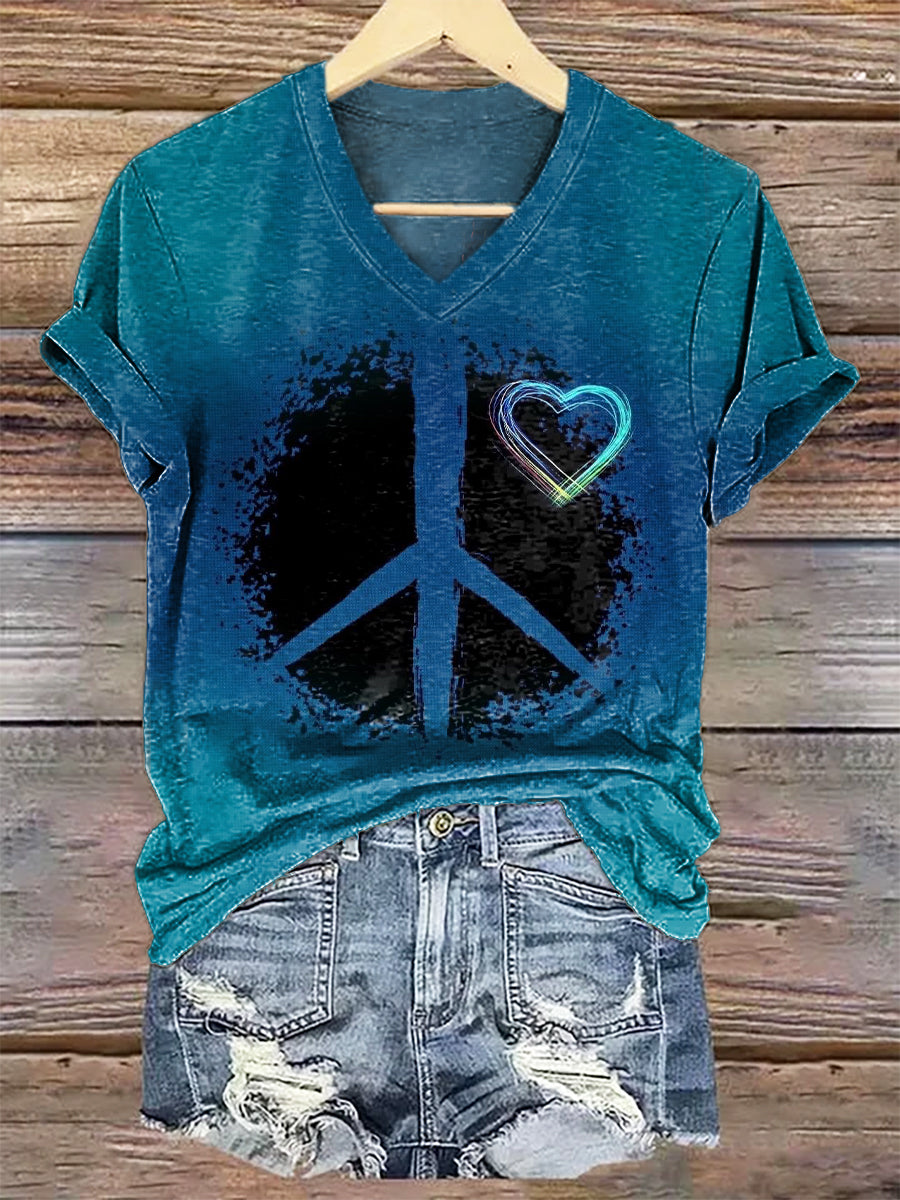 Women's Hippie Art Print V-neck Casual T-Shirt