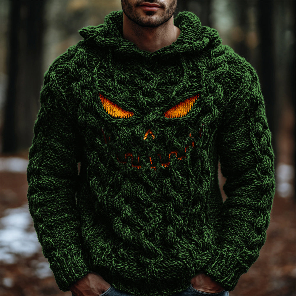 Halloween Evil Pumpkin Emoji Men's Chunky Knit Hooded Sweater artswardrobe