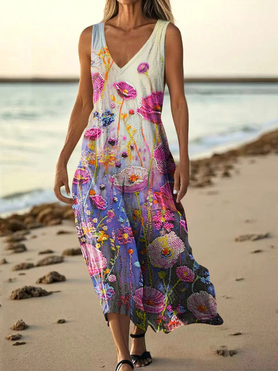 Women's Bohemian Floral Art Print Pocket Cotton Dress