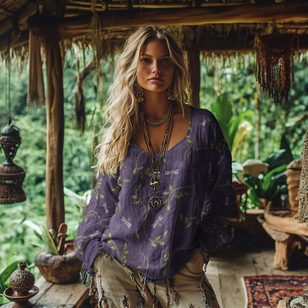 Comstylish Bohemian Style Dragonfly Print Cotton And Linen Blend Loose Blouse
