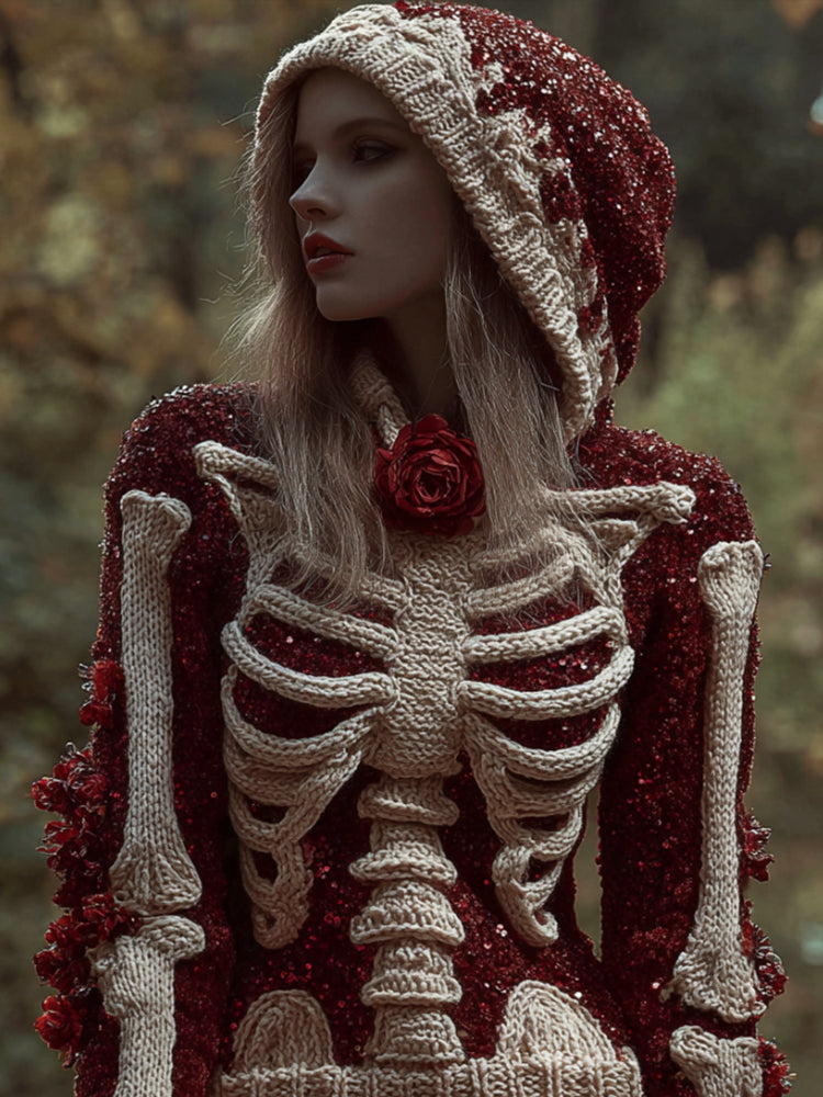 Women's Halloween Skeleton Rose Art Hoodie Sweater artswardrobe