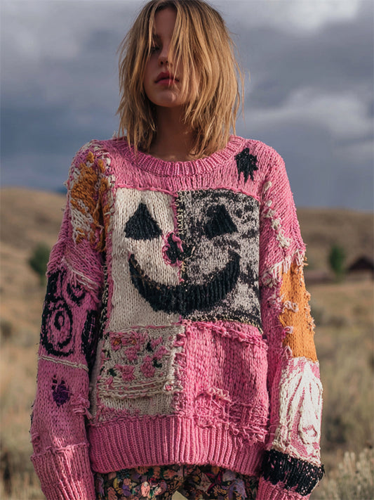Halloween Pumpkin Face Patchwork Stitched Cozy Knit Sweater elevenforest
