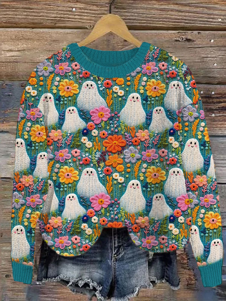 Ghost & Floral Embroidery Pattern Vintage Knit Sweater artswardrobe