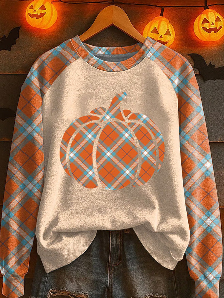 Women's Pumpkin Season Check Print Raglan Sleeve Sweatshirt artswardrobe