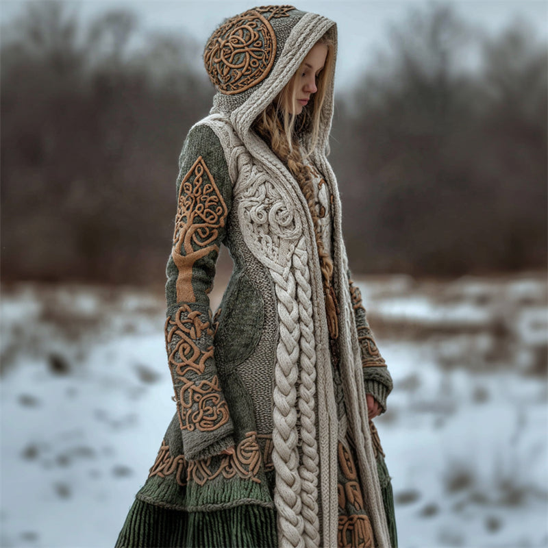 Viking Totem Tree Of Life Celtic Chunky Hooded Long Cardigan artswardrobe