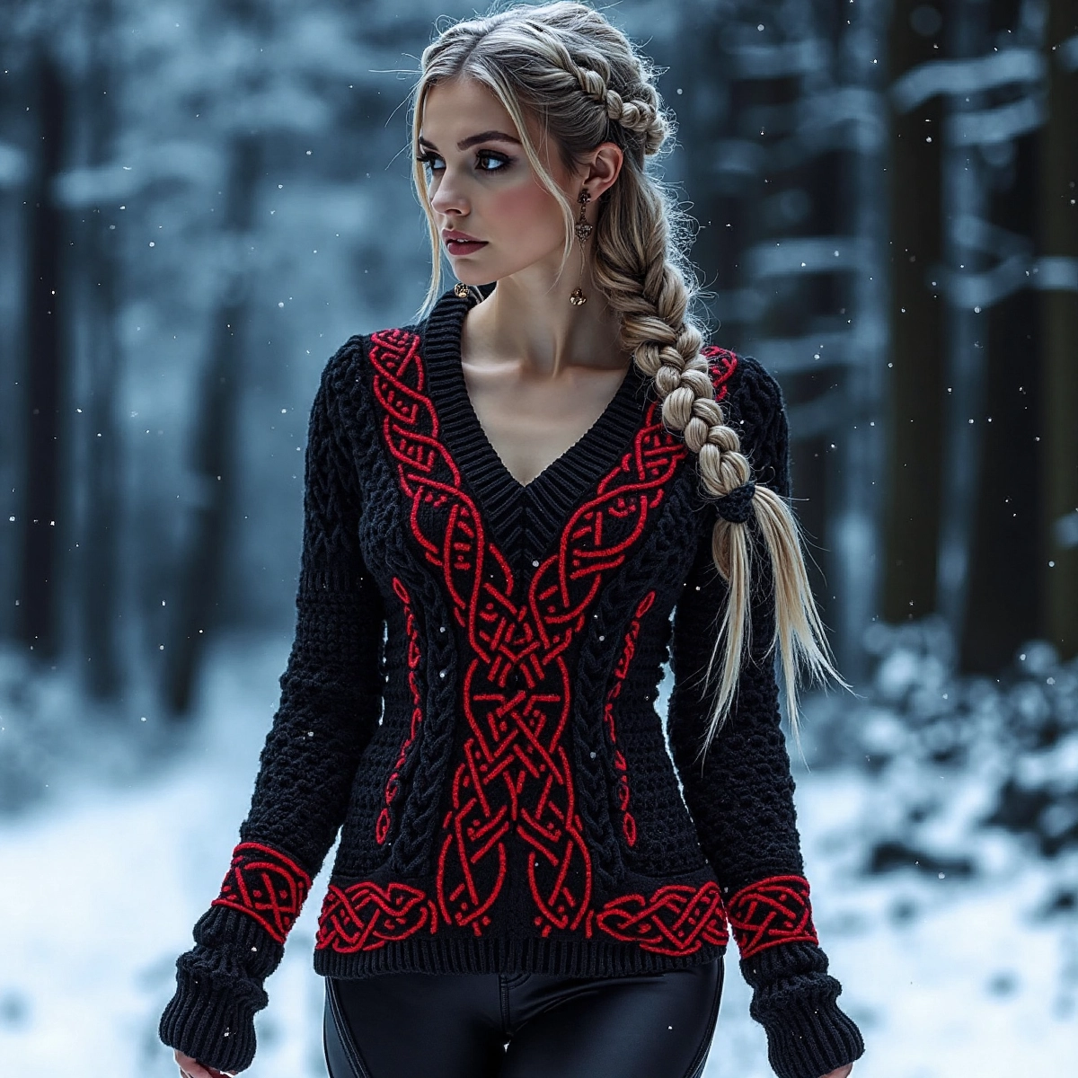 Women's Viking Celtic Knot Pattern V-neck Cozy Knit Sweater elevenforest