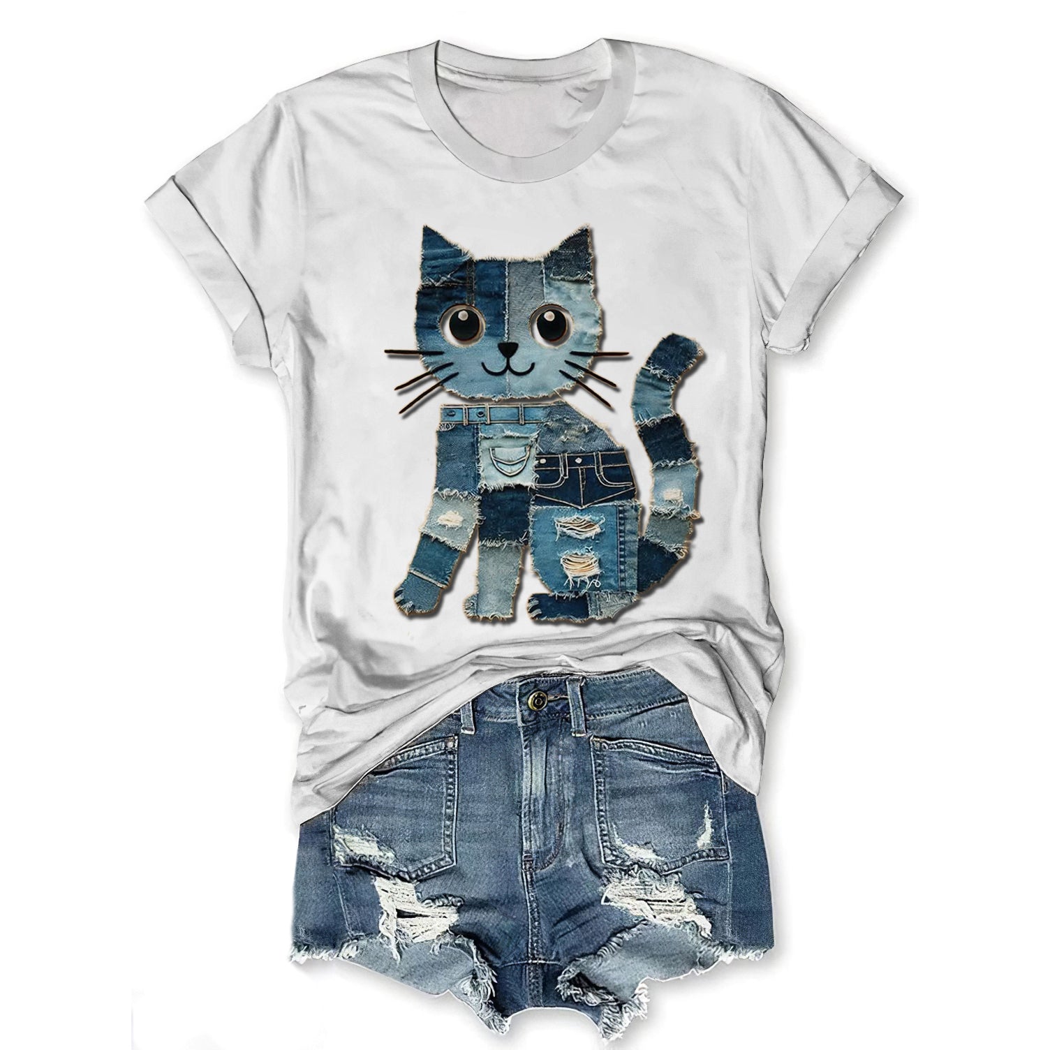 Women's Cat Denim Patchwork Print T-shirt elevenforest