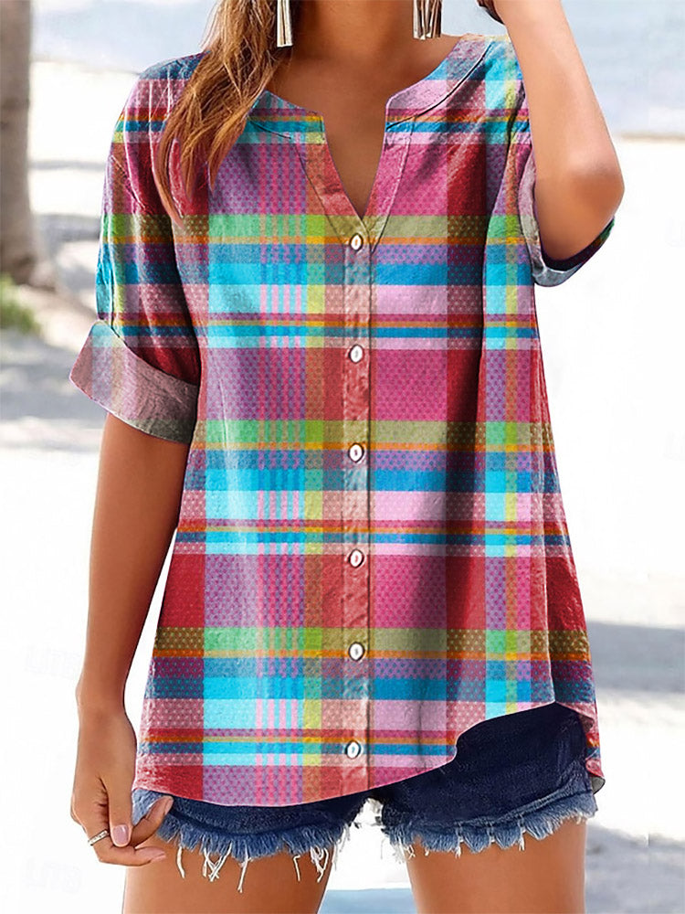 Women's Ethnic Checkered Art Print Casual Cotton And Linen Shirt