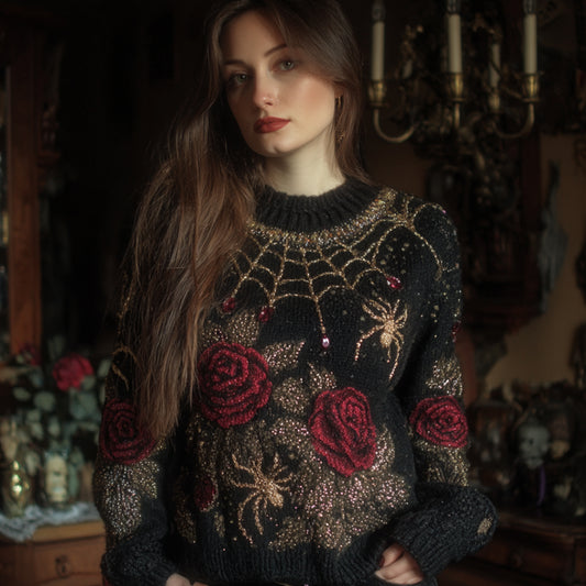 Halloween Antique Spider And Red Rose Vintage Round Neck Sweater artswardrobe