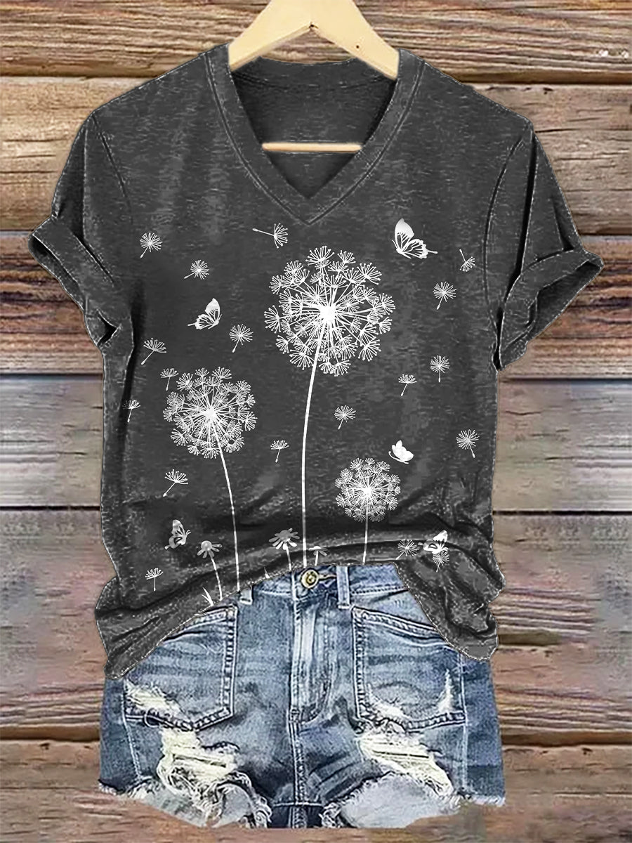 Women's Vintage Floral Art Print V-neck Casual T-Shirt