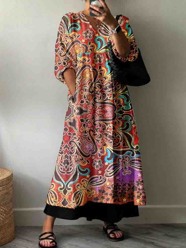 Women's Retro ethnic flowers Pattern Cotton Dress