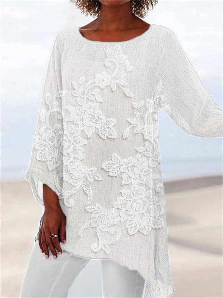 Comstylish Vintage Floral Lace Embroidered Linen Blend Flowy Tunic