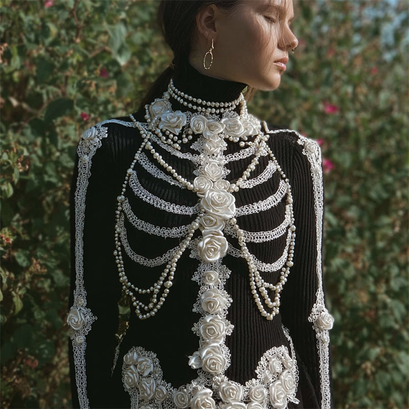 White Roses Skeleton Pearls Beaded Lace Art Turtleneck Sweater artswardrobe
