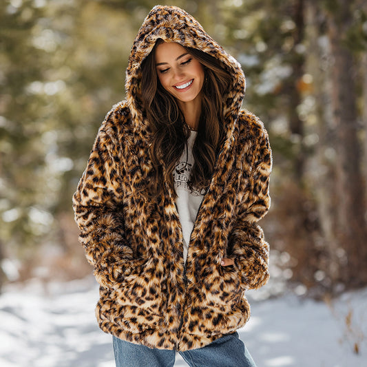 Comstylish Women's Leopard Art Plush Warm Flannel Warm Zipped Coat