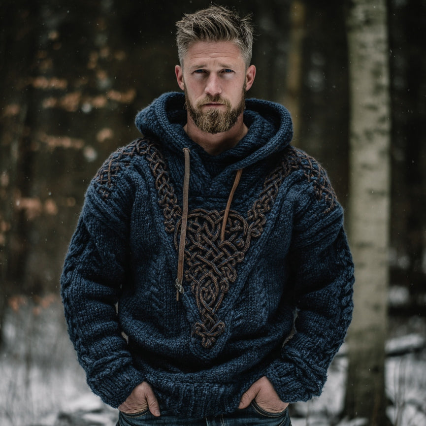 Men's Vintage Viking Celtic Knot Art Jacquard Chunky Knitted Cozy Hooded Sweater artswardrobe