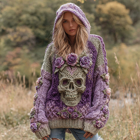 Women's Rose And Skull Inspired Knit Cozy Hooded Sweater elevenforest
